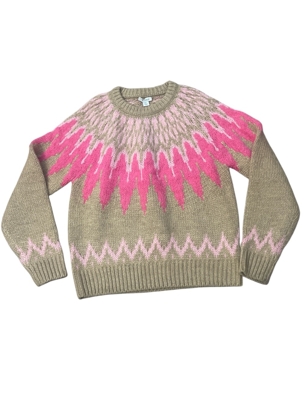 Sundance Beige Fair Isle Crewneck Sweater with Hot Pink & Light Pink Yoke